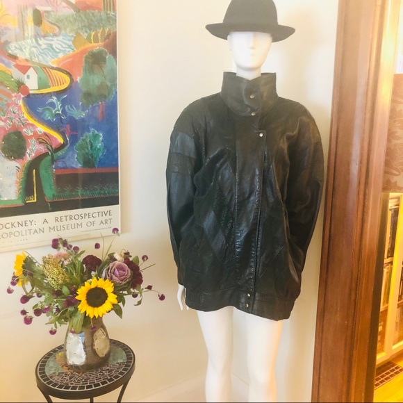 Vintage 80s leather deep green cocoon jacket - Picture 3 of 16